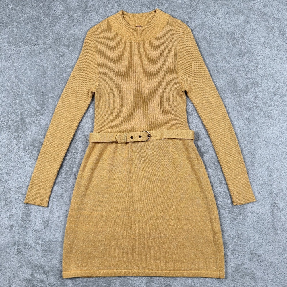 Free People Dress Small Gold Sparkle French Girl Ribbed Knit Lurex Mini Belted *